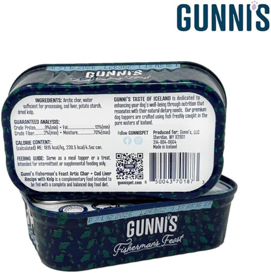 Gunnis Pet Fisherman’s Feast Dog Food Topper – Arctic Char & Cod Liver with Kelp – Gently Cooked, Grain-Free, Omega-Rich Meal Topper for Dogs – 4.5 oz Tins, Pack of 6