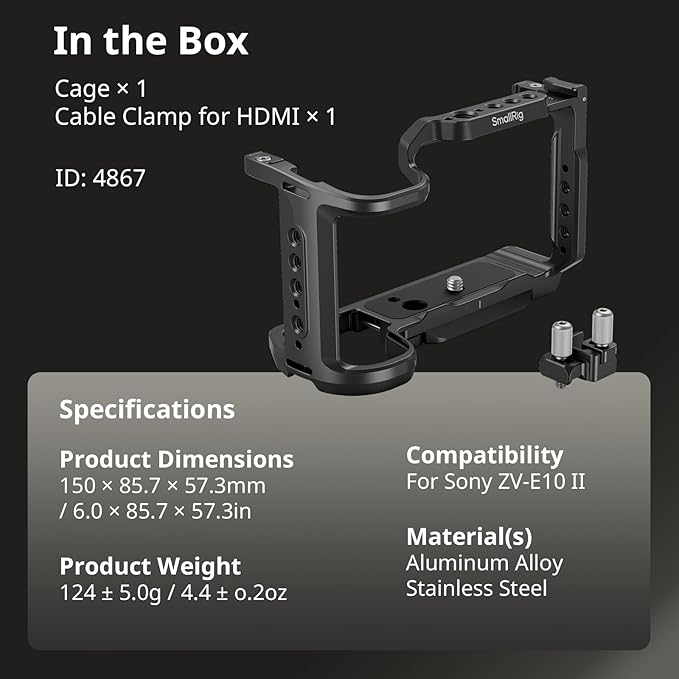 SmallRig ZV-E10 II Cage Kit for Sony ZV-E10 II with Cable Clamp for HDMI, Built-in Quick Release Plate for Arca, Cold Shoe and 3/8''-16 Threaded Holes, Full Access - 4867