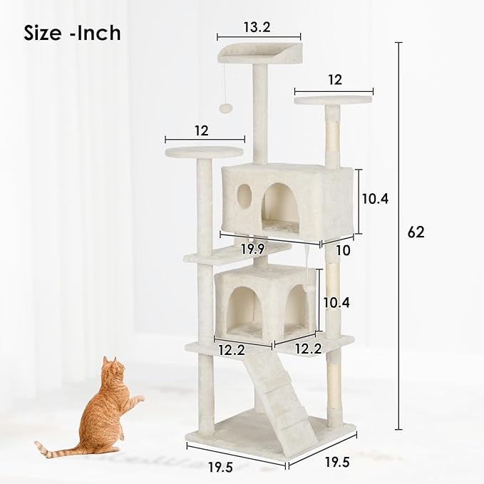 PayLessHere Cat Tree 62in Cat Tower with Cat Scratching Post,Multi-Level Cat Condo Stand House Furniture Kitty Activity Center with Furry Ball Toys Cat Tree for Indoor Cats,Beige