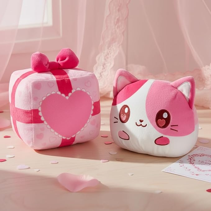 TeeTurtle Cat Valentine's Day Present Reversible Plushie - 4-Inch Two-Sided Flip Plush Toy with Embroidered Details - Cute Mini Collectible Plush for Kids, Teens, and Adults