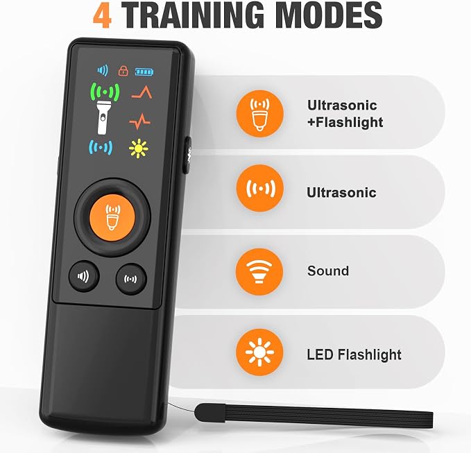 Dog Bark Deterrent Devices 2X Power Anti Barking Device for Dogs, Ultrasonic Dual Emitters, 4 Training Modes Barks No More Indoors Outdoors Behavior Correct Safe & Humane Rechargeable (Orange)