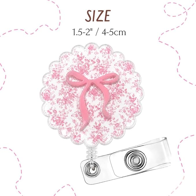 Cute Girly Pink Floral Bow Ribbon Badge Reel for Nurse Women Office Teacher Medic Worker Princess Aesthetic Decorative Sparkly Glitter Retractable ID Holder Clip Pretty Flower Design Gifts Accessories