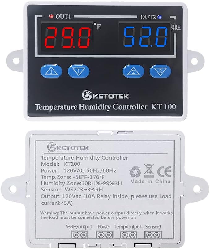 KETOTEK Temperature Humidity Controller Digital Thermostat Module 120V, Heating Cooling Humidification and dehumidification Control 110V 10A, Fahrenheit Display