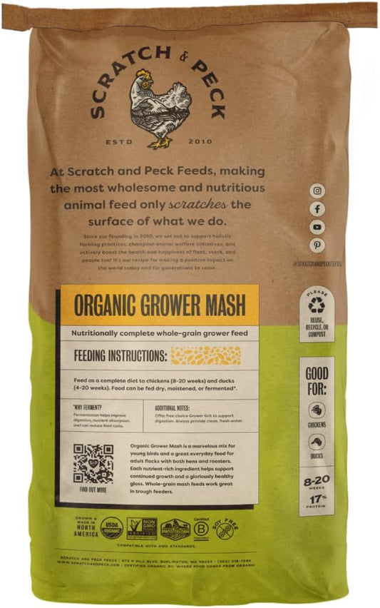 Scratch and Peck Feeds Whole Grain Grower Mash Chicken and Duck Feed - 40 lbs Bag - Corn-Free and Soy-Free - 17% Protein, Certified Organic and Non-GMO Project Verified Chicken Food