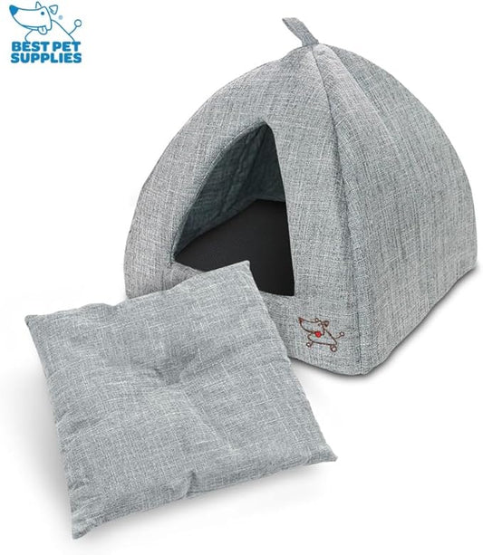 Best Pet Supplies Cat Bed for Indoor Cat, Domed Tent House with Removable Pillow, Covered Cat Cave for Small Dog, Puppies and All Breeds of Cats - Gray Linen, 19 x 19 x H:19"