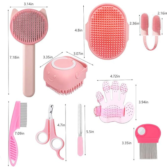 9PCS Pet Gromming Kit,Cleaning Brush Removes Loose Hair, Pet Bath Brush,Shampoo Brush, Nail Clipper, Flea Comb for Dogs&Cats and Small Animal Grooming Kit.