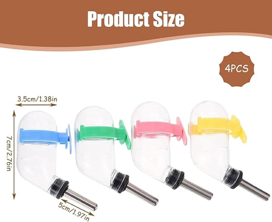 4Pcs Hamster Water Bottle for Glass Tank, No-Drip 60ml Rabbit Water Bottle, Auto Feeder Hanging Plastic Guinea Pig with Buckle for Cages, Crates