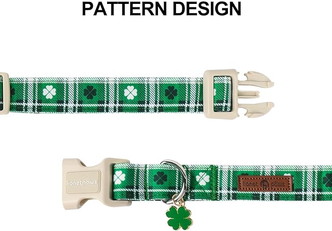 Lionet Paws St. Patrick Dog Collar, Comfortable Adjustable Green Collar with Green Clover Pattern for Large Male Female Dogs Collars,Neck 16-24 inches