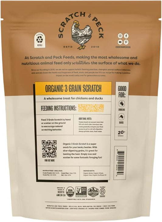 Scratch and Peck 3 Grain Scratch Chicken and Duck Supplemental Grain - 10 lbs Bag - Corn-Free and Soy-Free - 9.8% Protein, Certified Organic and Non-GMO Project Verified Chicken Food