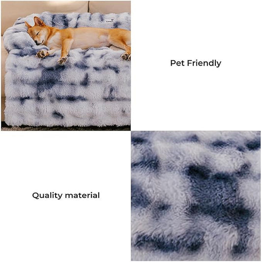 FUNNY FUZZY Pet Fluffy Fuzzy Calming Dog Couch Bed Sofa Protector Washable Pets Mat for Large Medium Small Dogs and Cats (Tie-dye Blue, 37"×31"×5.5")