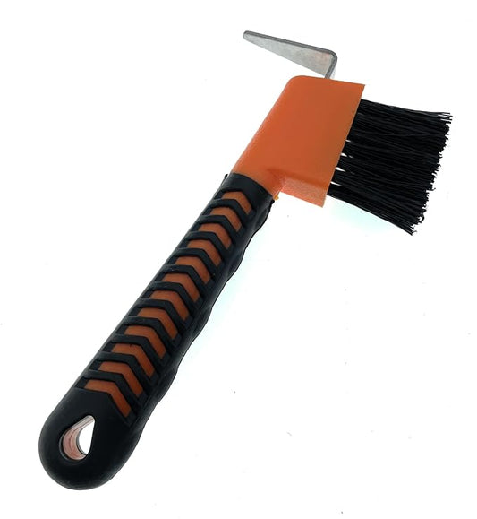 Horse Hoof Pick with Brush - Non-Slip Ergonomic Handle, Heavy-Duty Steel Pick & Stiff Bristles - Removes Dirt, Mud & Rocks - Horse Grooming Tool for Daily Hoof Care (Orange)