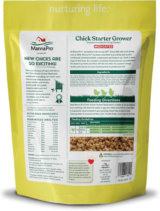 Manna Pro Medicated Chick Starter Grower Feed, Dried High Protein Chicken Food Crumbles with Amprolium for Coccidiosis Prevention, Complete Chicken Feed for Baby Chicks, 5 lb Bag