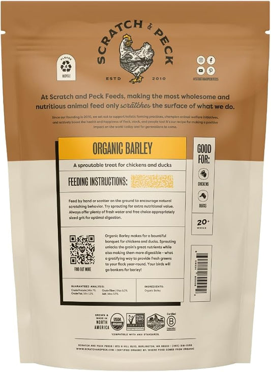 Scratch and Peck Whole Barley Chicken, Duck and Livestock Supplemental Grain - 10 lbs Bag - 8.5% Protein, Certified Organic and Non-GMO Project Verified Chicken Food