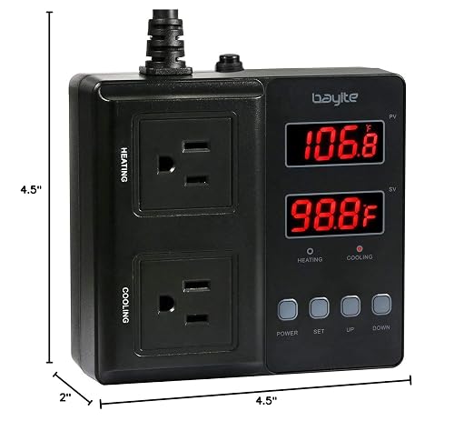 Temperature Controller 1650W 15A BTC211 Dual Digital Outlet Thermostat Plug, Pre-Wired, 2 Stage Heating and Cooling Mode, 110V - 240V, Fermentation BBQ Reptile Aquarium
