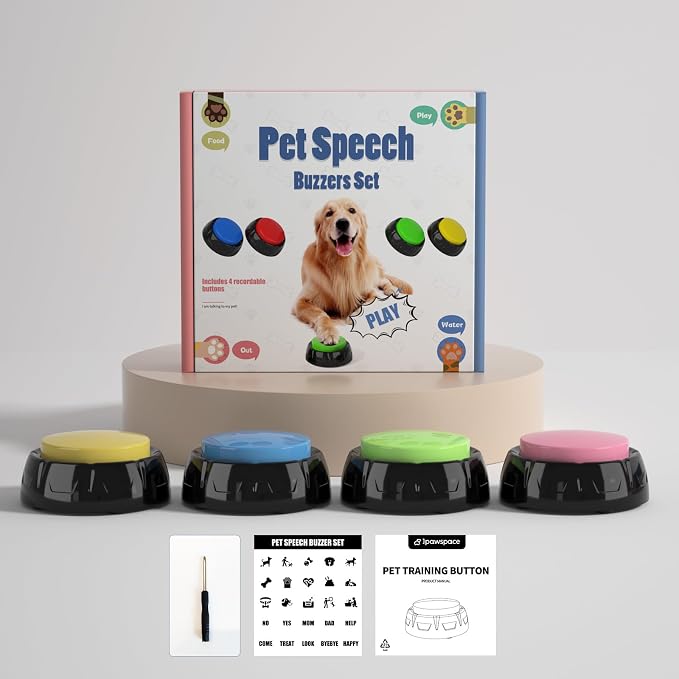 Recordable Pet Button, Dog Buttons for Communication Pet Training Buzzer, 30 Second Record & Playback, AA Battery for Longer Battery Life, (4 Pack Light Color)