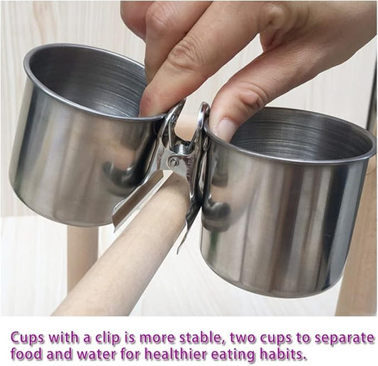 Texsens Bird Feeding Cups - Parrot Food Dish Stainless Steel Parrot Feeders Water Cage Bowls with Clamp Holder for Parakeet African Greys Conure Cockatiels Budgies Chinchilla Small Animal