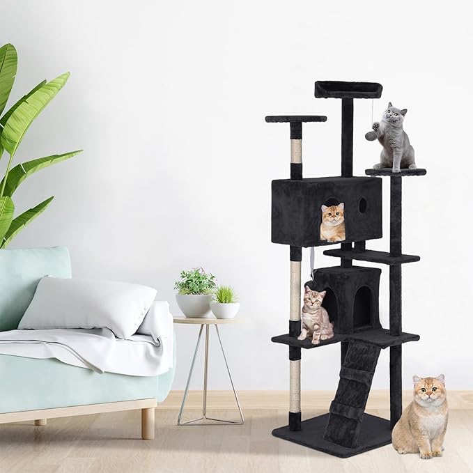 PayLessHere Cat Tree 70in Cat Tower with Cat Scratching Post,Multi-Level Cat Condo Stand House Furniture Kitty Activity Center with Furry Ball Toys Cat Tree for Indoor Cats,Dark Gray