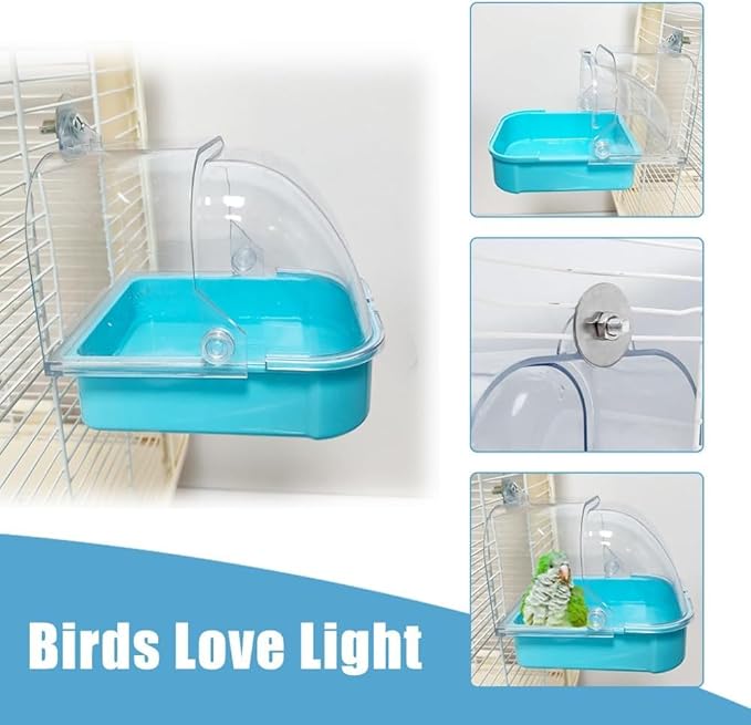 Bird Bath for Cage - Spacious Parakeet & Parrot Bathtub with Hanging Hooks, Portable Shower for Most Birdcages, Cleaning Pet Supply (Blue)