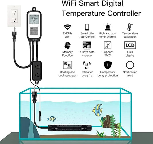 MOES Smart WiFi Cooling Heating Thermostat Outlet, Tuya Digital Temperature Controller Sensor Plug for Reptile Fermenter Brewing Breeding Heat Mat, Smart Life Remote Control, -22-221℉,10A 1250W