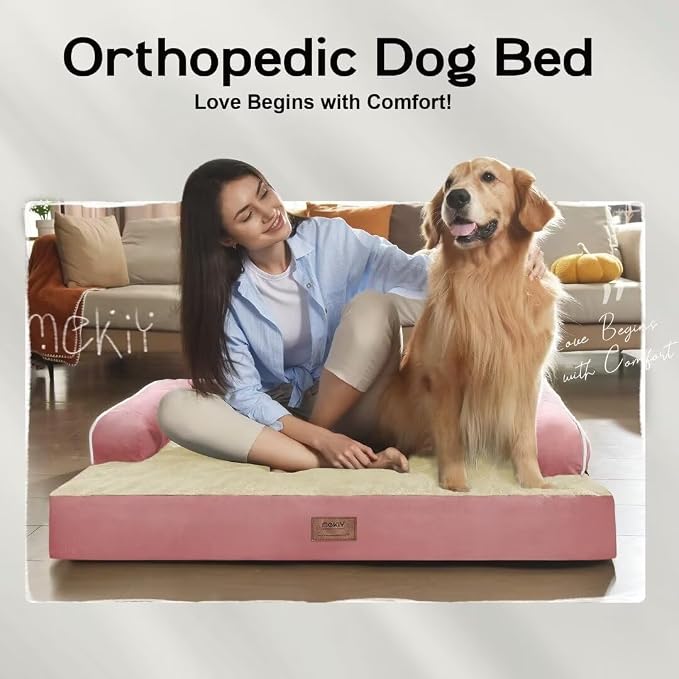 MEKIY Orthopedic XL Dog Bed with Bolster for Extra Large Size Dogs | Pillow Support for Neck Relief, Egg Crate Foam, Skin-Friendly Surface, Waterproof Liner, Anti-Slip Bottom, 42 x 30 Inch