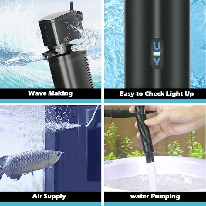 COOSPIDER Aquarium Filter 200GPH U-V Fish Tank Green Clean Machine for 30-100 Gallon Tank, Submersible Pump Filter for Water Clean, Internal Filtration System for Saltwater Freshwater Crystal Clear