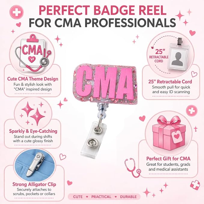 Pink CMA Badge Reel for Nurse Nursing MA CCMA Medical Assistant Women Healthcare Hospital Worker Staff Retractable ID Card Clip Holder Clinic Office Supplies Uniform Accessories Appreciation Gifts