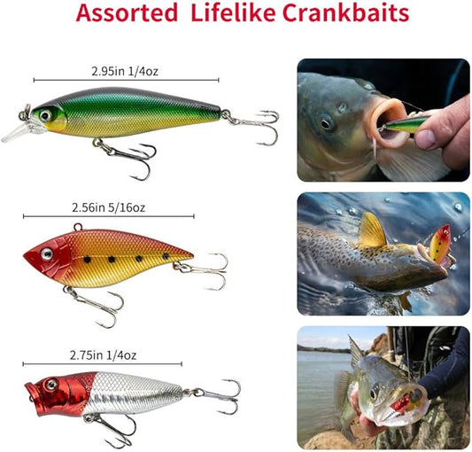 GOANDO Fishing Lures Kit for Freshwater Bait Tackle Kit for Bass Trout Salmon Fishing Accessories Tackle Box Including Spoon Lures Soft Plastic Worms Fishing Gifts