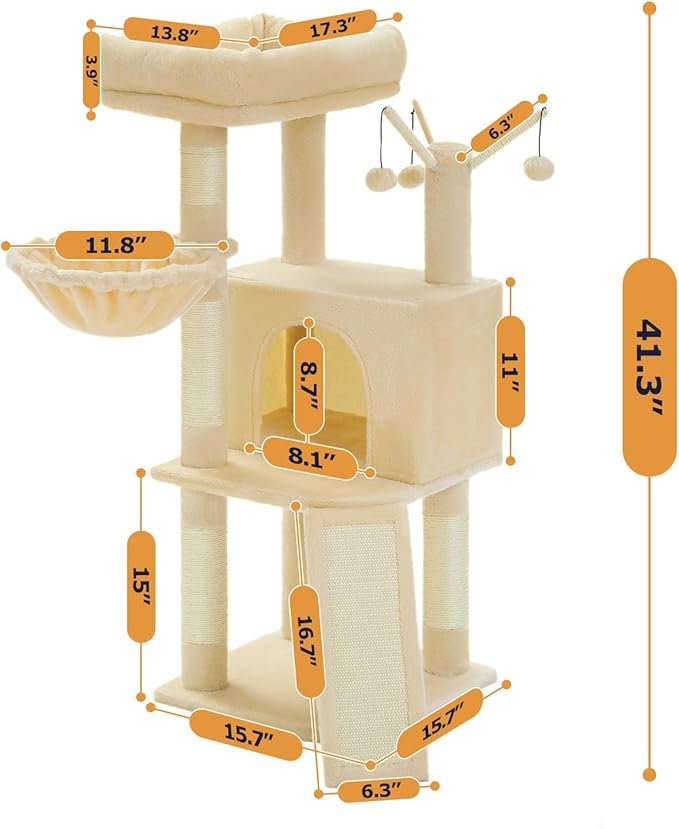 MUTTROS Cat Tree, Multi-Level Cat Tower for Indoor Cats, Cat Climbing Tree Condo with Sisal Covered Scratching Posts, Deep Hammock and Interactive Cat Toy, Beige