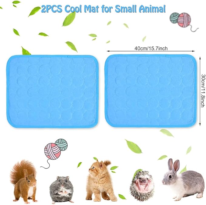 2PCS Summer Cooling Mat for Rabbit, Washable Bunny Bed, Rabbit Bed Mat, Guinea Pig Cage Liner Hamster Pee Pad, Fleece Sleep Pad for Squirrel, Hedgehog, Chinchilla, Small Animals, 15.8''x11.8'' Blue