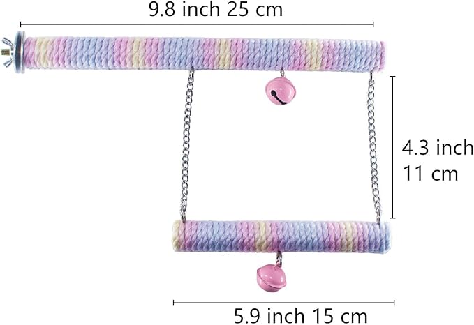 Dual-Layer Bird Swing Perch with Bells Rainbow Cotton Rope Cage Parrots Toys for Parakeet Conure Cockatiel Mynah Love Birds Finches