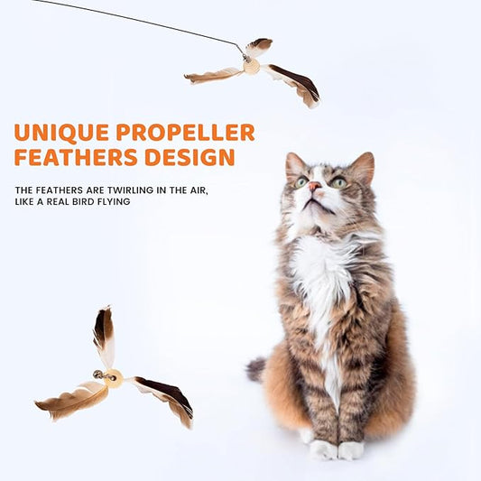 8pcs Spinning Feather Propeller Refills for Cat Wand Toy, Cat Toy Wand Attachment Replacement with Lobster Clasp, Spining Propeller Toys, Propeller Toy with Bell (Brown)