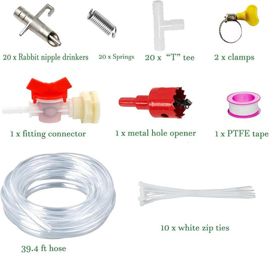 Automatic Rabbit Watering System 20 Set Rabbit Nipple Drinkers Water Feeders 5/16” Hose Barb Fittings to G1/2" and Water Bucket Connector for Small Animals Guinea Pig Ferret Rats Rodent Bunny