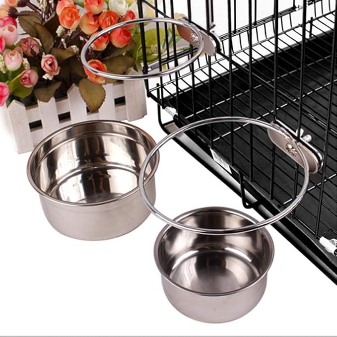 Pet Dog Stainless Steel Coop Cups with Clamp Holder - Detached Dog Cat Cage Kennel Hanging Bowl,Metal Food Water Feeder for Small Animal Ferret Rabbit (Large)