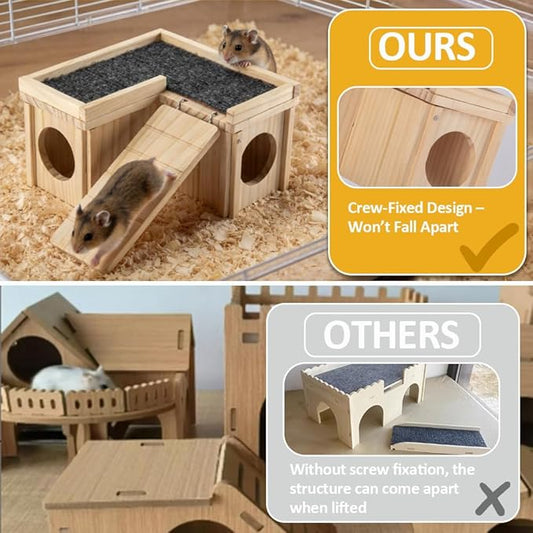 Hamster Hideout Wooden House with Ladder & Washable Pad, Small Animal Habitat Cage Accessories, Cozy Nest for Dwarf Syrian Hamsters, Gerbils & Mice