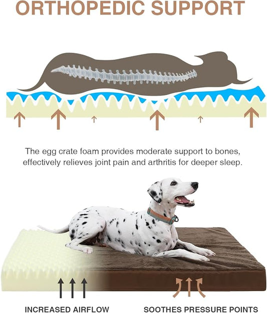 KSIIA Orthopedic Dog Bed Crate Waterproof Pet Mats for Extra Large Dogs Deluxe Plush Washable Pet Bed with Egg Crate Foam & Removable Cover, 47 x 29 Inch, Brown