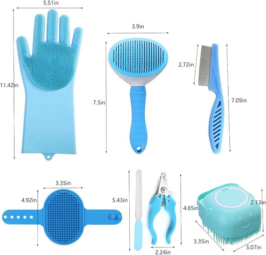 8PCS Dog Bath Supplies Set,Dog Washing Gloves,Shampoo Brush, Bath Supplies Set,Shedding Slicker Brush,Complete Pet Grooming Kit for Dog&Cat and Small Animal Grooming(8PCS-Bath-Blue)