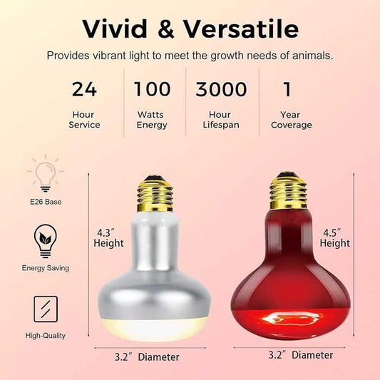 100W Reptile Heat Lamp Bulb, Day & Night Basking Spot Light Combo Pack Includes Infrared Heat Lamp and UVA Daylight Heating Lamp Basking Light for Lizards, Turtles, Chicken,Bearded Dragons