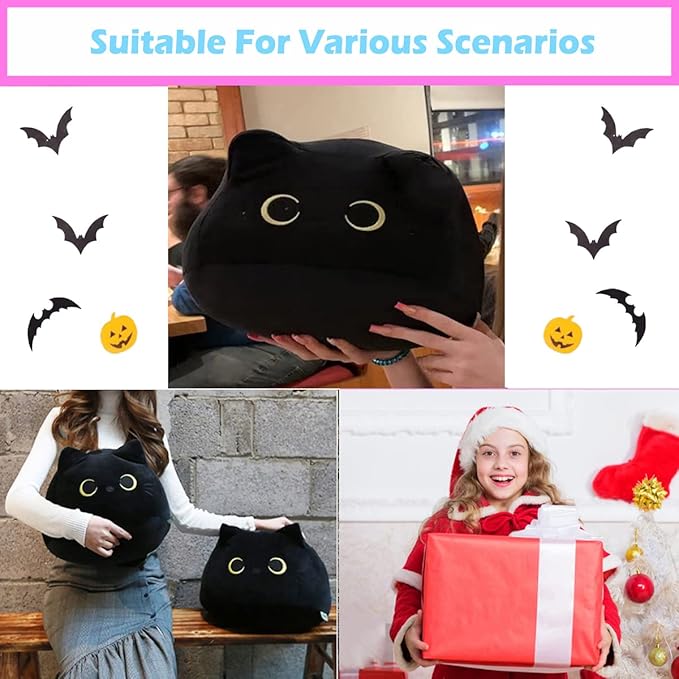3D Black Cat Plush Toy, 17.7" Black Cat Pillow, Animal Soft Plush Pillow, Suitable as Birthday, Valentine's Day, Halloween