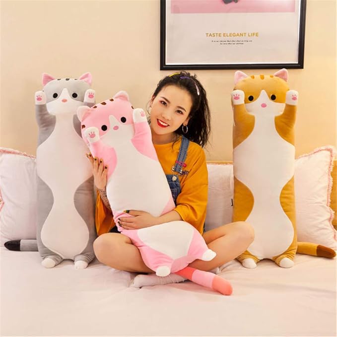 shangman Lovely Plush Cat Doll Cute Cartoon Soft Stuffed Kitten Pillow Long Throw Sleeping Pillow Doll Toy Gift for Kids Girlfriend Multiple Size (Pink,150cm/59in)