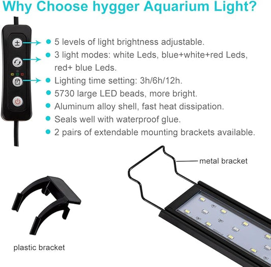 hygger 14W Full Spectrum Aquarium Light with Aluminum Alloy Shell Extendable Brackets, White Blue Red LEDs, External Controller, for Freshwater Fish Tank (18-24 inch)