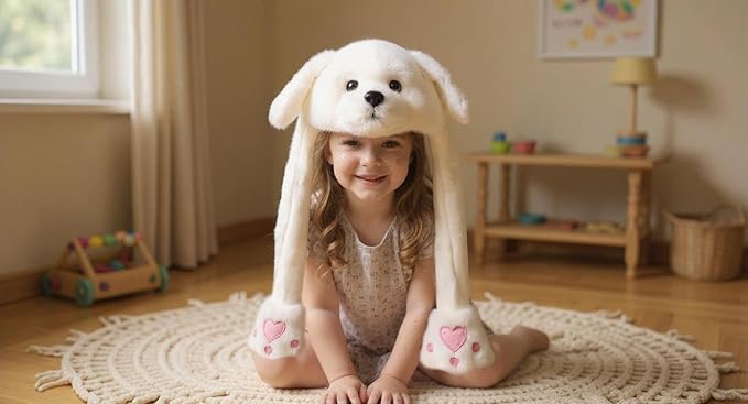Bubblepompom Animal Hat with Ears Moving Jumping Pop Up Beating Hat Plush Holiday Cosplay Dress Up Funny Gift for Kids