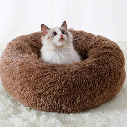 Faux Fur Dog Bed Cat Bed,Shag Round Anti-Anxiety Pet Calming Bed Doughnut Cuddler for Medium Large Puppy Dog Cat Kennel Cushion Self Warming Bed (28'' D x 8'' H, Coffee)