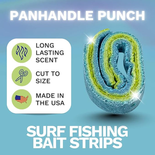FishGum Surf Fishing Bait Strips for Saltwater Beach Fishing – Real Shrimp, Crab, Clam & Sand Flea Infused Scent – Artificial Cut Bait for Pompano, Redfish & Flounder