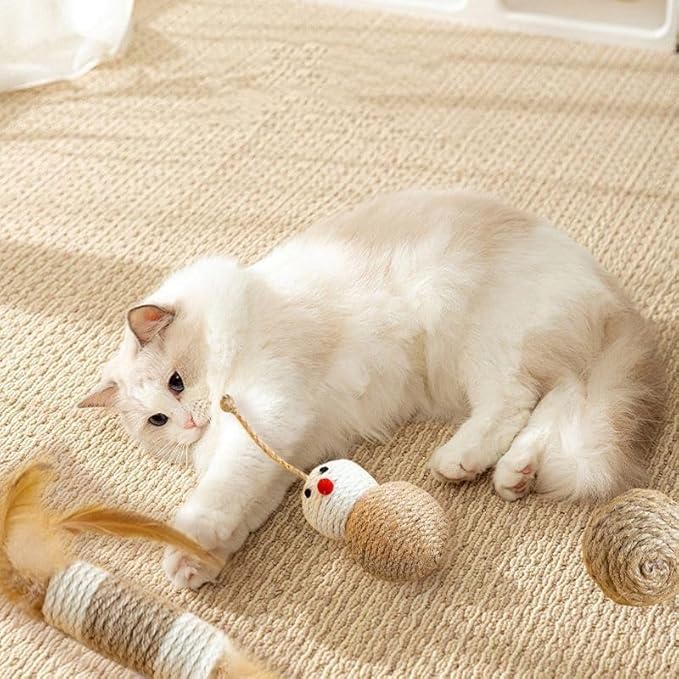 3 Pack Cat Mice Toys with Feather Tail Rattling Noise Sound Natural Sisal Cat Balls Toys Teeth Cleaning Dental Chew Toys Interactive Cat Mice Toy Mice Cat Toys for Indoor Cats
