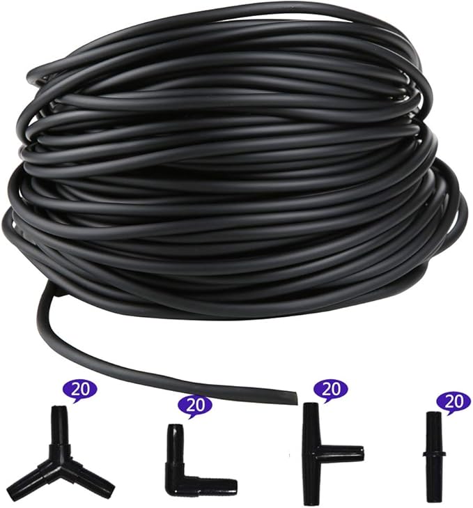 JIH Aquarium 165 Feet Standard 3/16" Black Flexible Airline Tubing with Black Plastic Connectors for Fish Tank,Terrariums, and Hydroponics