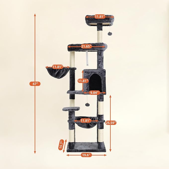 67-Inch Cat Tree with Bed, Hammock, Observation Deck, Plush Platform & Toy Ball for Indoor Cats (Grey)