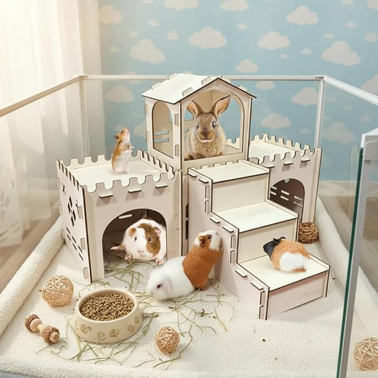 PINVNBY Extra Large Bunny Castles Hideout, Wooden Rabbit House Hide Climbing Detachable Indoor Wooden Hideaway Castle Tower Tunnel for Small Animal Guinea Pig Hamster Chinchilla Ferret