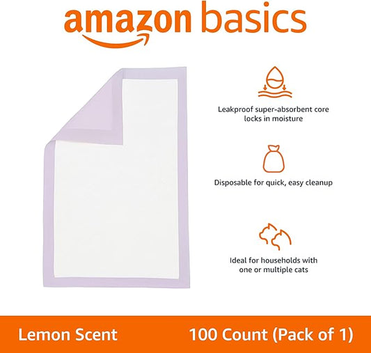 Amazon Basics Cat Pee Pads, Super Absorbent, Odor Control with Lemon Scent, Universal Fit for Cat Litter Box System, Multi Cat, Disposable, White/Purple, 100 Count