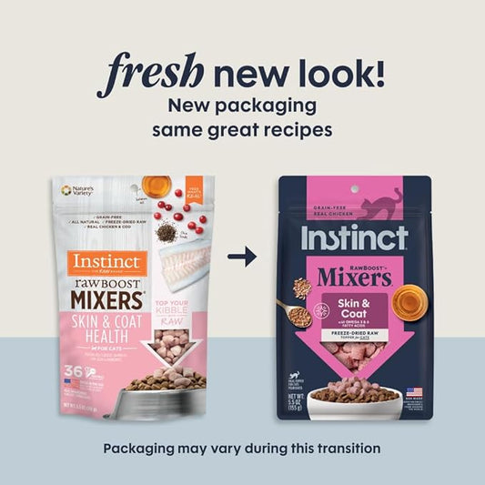 Instinct Raw Boost Mixers, Freeze Dried Cat Food Toppers with Functional Ingredients, Grain Free, Real Chicken - Skin & Coat Health, 5.5 oz Bag