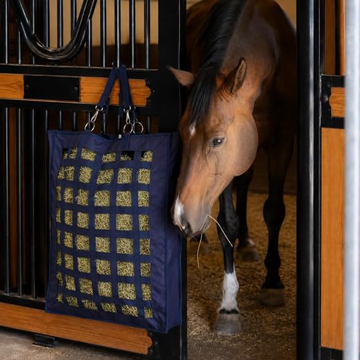 QHP Hay Bag for Horses | Slow Feed Horse Hay Bag | Horse Hay Feeder | 2.4" Mesh | Holds up to 13 lbs | Durable 600D Polyester | Stall, Trailer & Paddock | 2-Year Warranty (Navy)